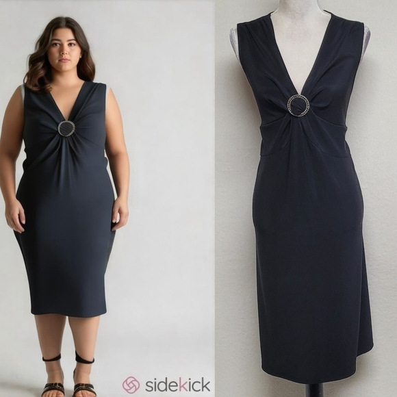 Deadstock Vintage 90s Lane Bryant Black Jersey Knit Crystal O-Ring Midi Dress 22 - Picture 1 of 10